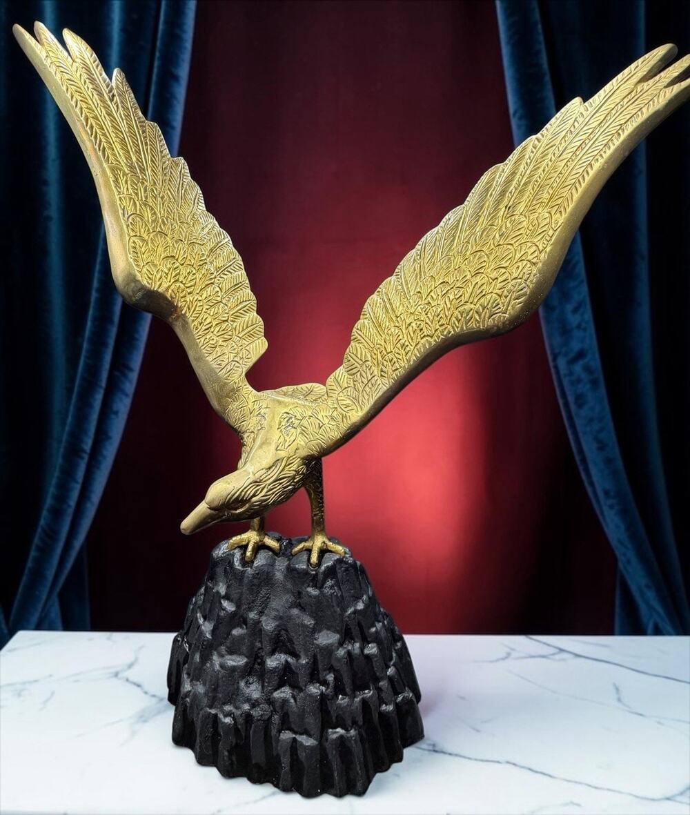 Vintage Brass Bald American Eagle on Rock Base Statue. Patriotic, U.S.A, Large